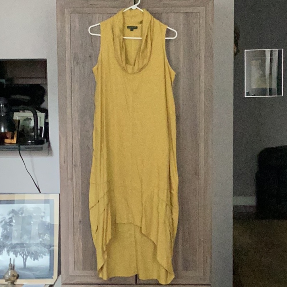 LINEN SUNFLOWER GOLD SLEEVLESS ASYMETRICAL MIDI DRESS